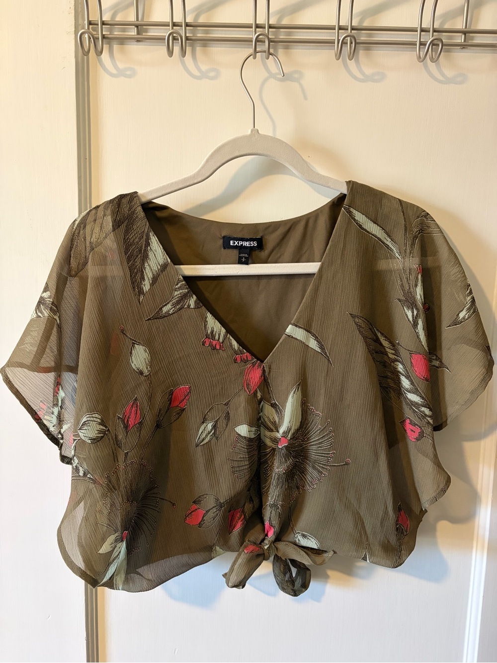 Express Olive Floral Tie-Front Blouse with Pink Accents